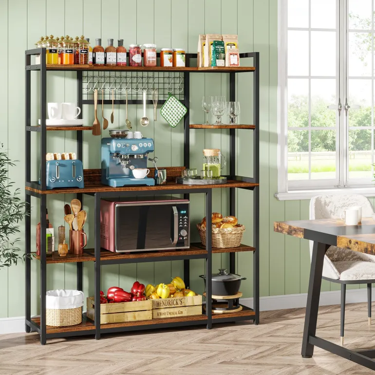 Best Sale Tribesigns 5-Tier Kitchen Baker's Rack, 55" Wide Kitchen Storage Shelf with 11 Hooks