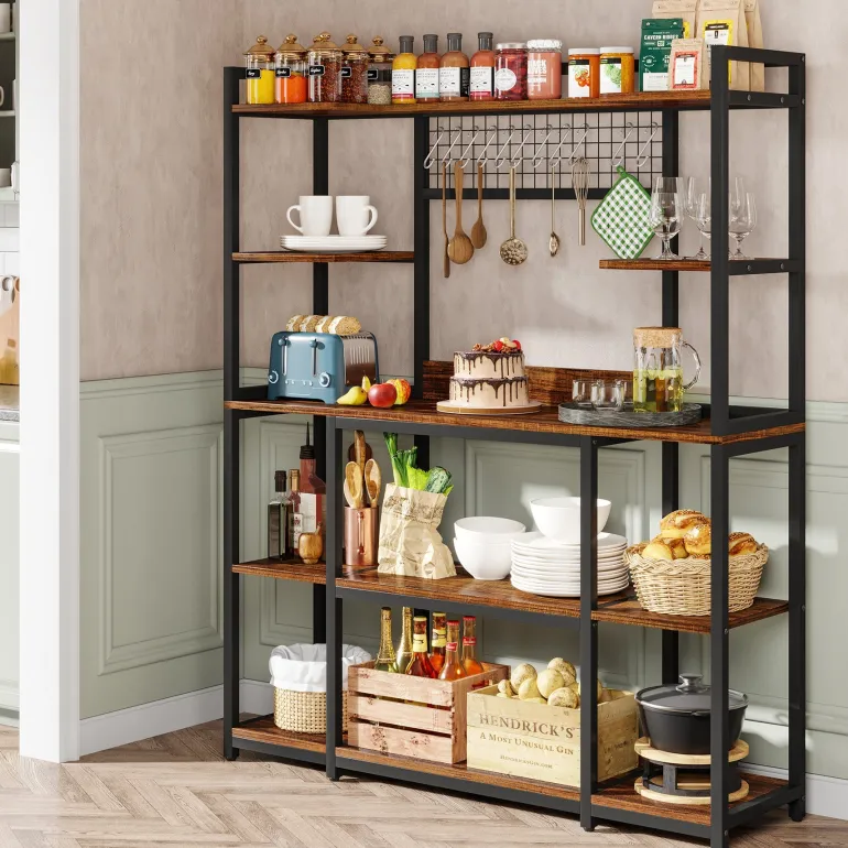 Best Sale Tribesigns 5-Tier Kitchen Baker's Rack, 55" Wide Kitchen Storage Shelf with 11 Hooks