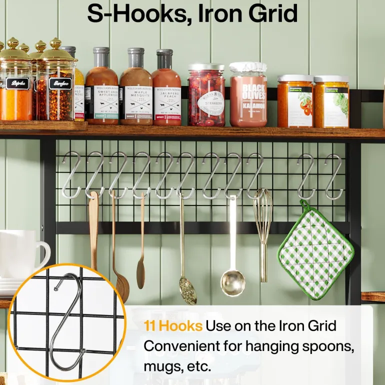 Best Sale Tribesigns 5-Tier Kitchen Baker's Rack, 55" Wide Kitchen Storage Shelf with 11 Hooks
