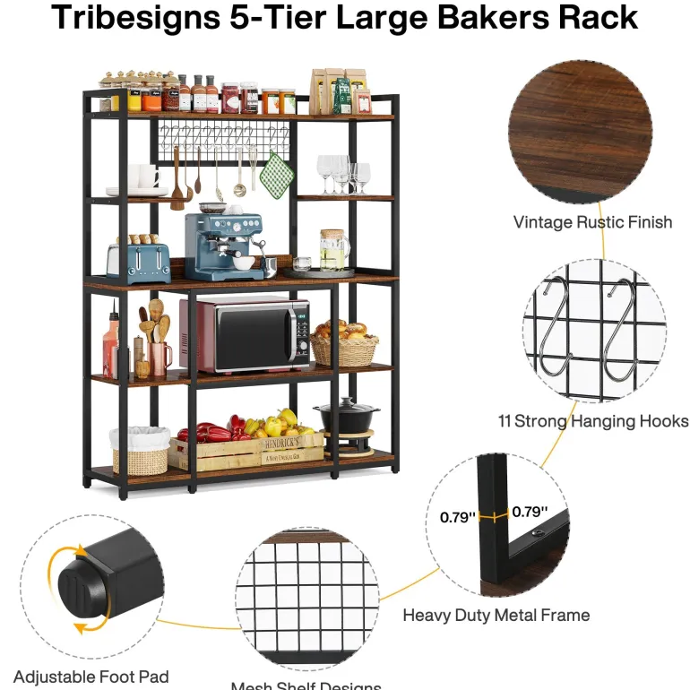Best Sale Tribesigns 5-Tier Kitchen Baker's Rack, 55" Wide Kitchen Storage Shelf with 11 Hooks