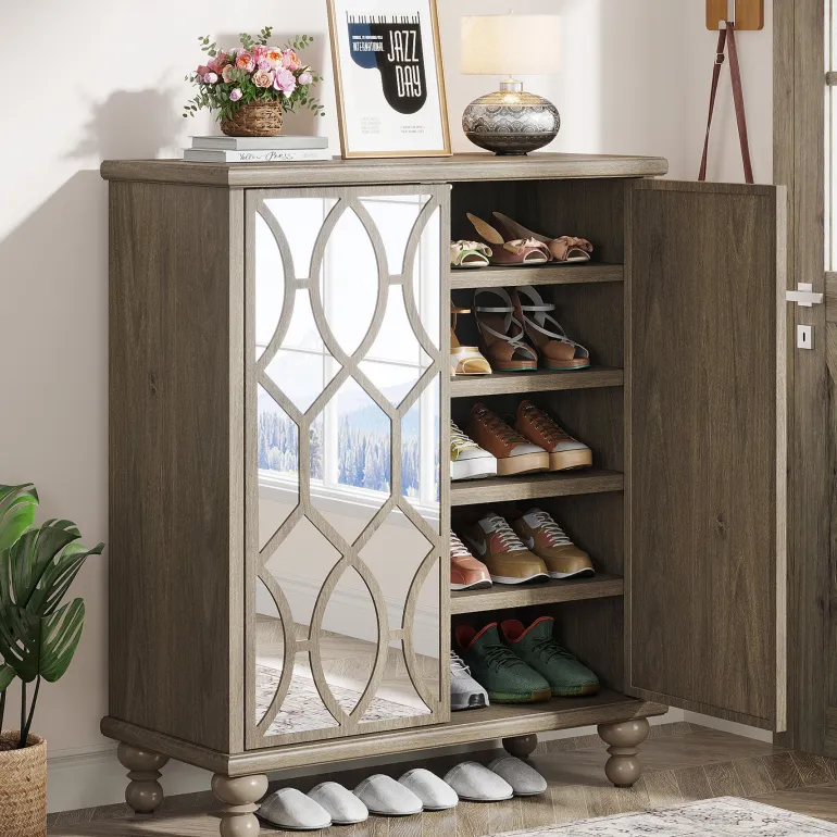 Clearance Tribesigns 5-Tier Mirror Shoe Cabinet, Large Shoe Storage Organizer With Doors