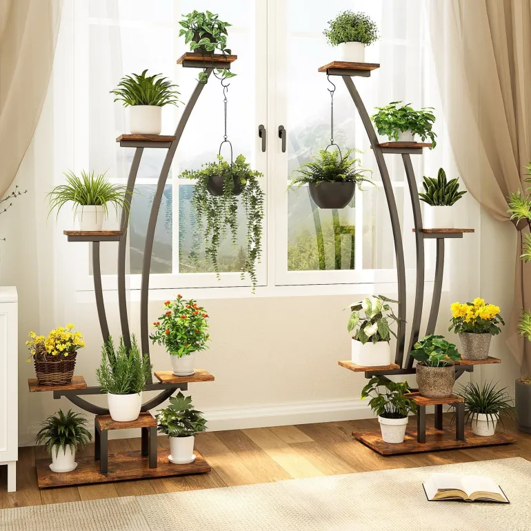 Sale Tribesigns 6-Tier Plant Stand Pack of 2, Metal Curved Display Shelf with 2 Hanging Hooks