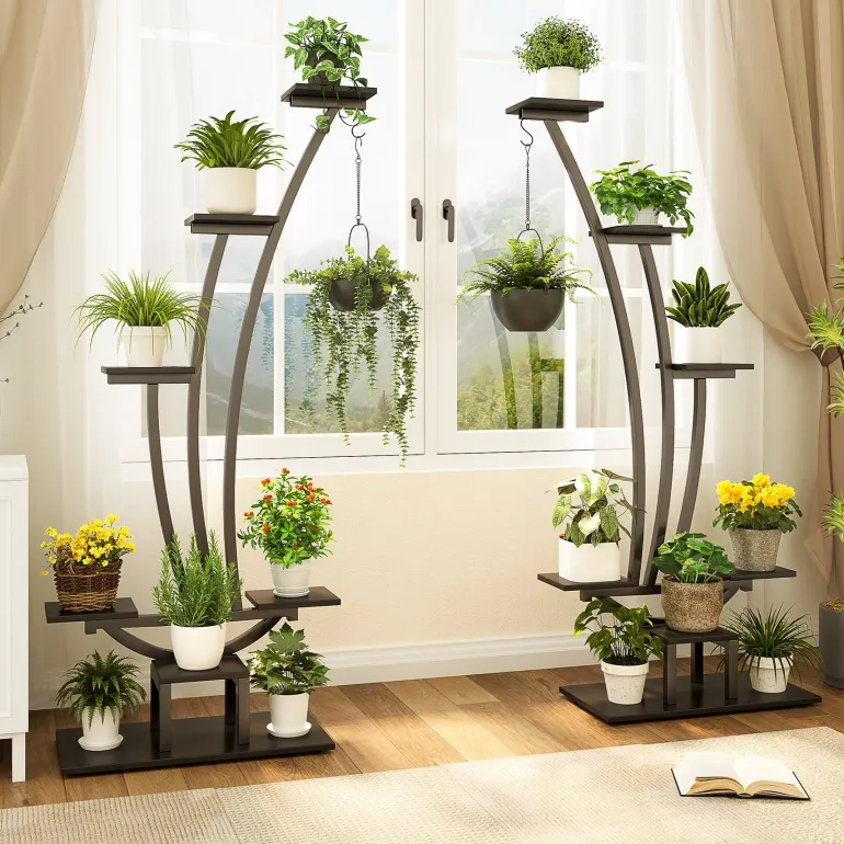 Sale Tribesigns 6-Tier Plant Stand Pack of 2, Metal Curved Display Shelf with 2 Hanging Hooks
