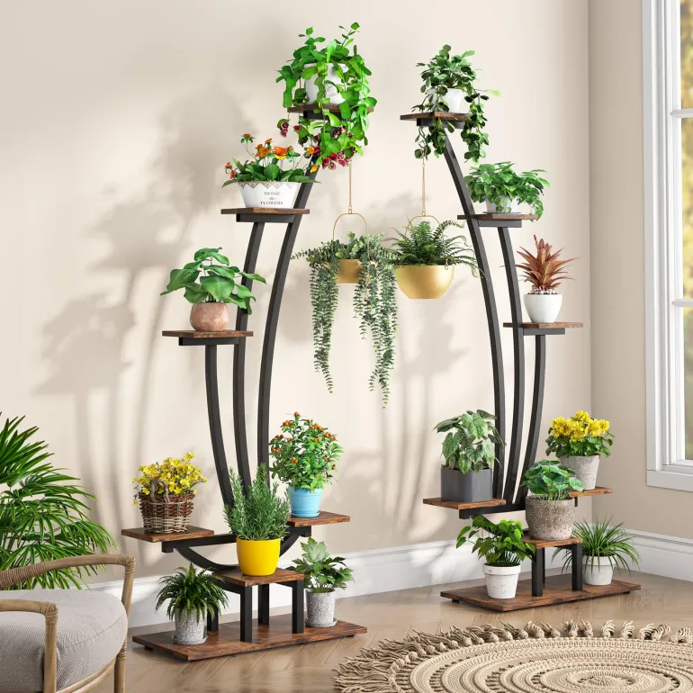 Sale Tribesigns 6-Tier Plant Stand Pack of 2, Metal Curved Display Shelf with 2 Hanging Hooks