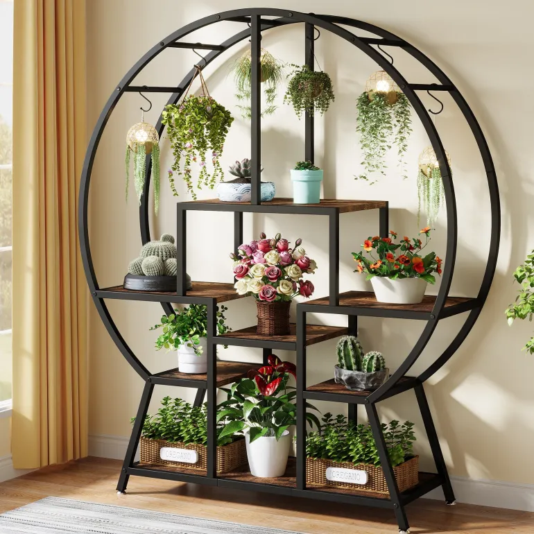 Fashion Tribesigns 7-Tier Round Plant Stand, 65" Tall Plant Shelf with 6 S Hanging Hooks