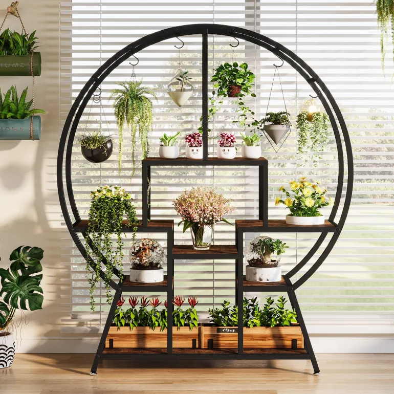 Fashion Tribesigns 7-Tier Round Plant Stand, 65" Tall Plant Shelf with 6 S Hanging Hooks