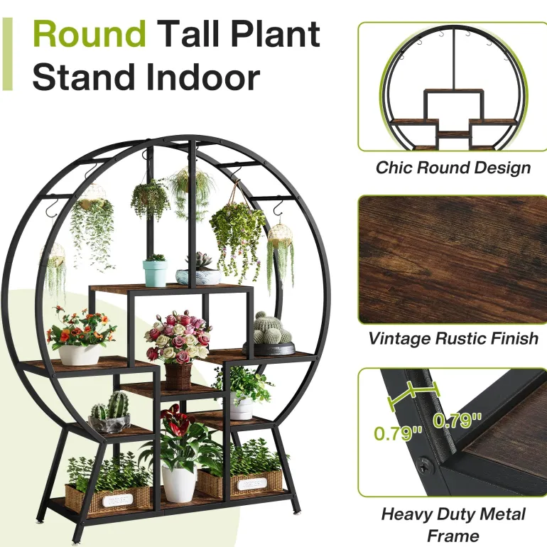 Fashion Tribesigns 7-Tier Round Plant Stand, 65" Tall Plant Shelf with 6 S Hanging Hooks