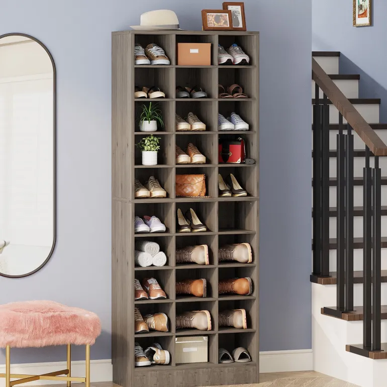 Discount Tribesigns 10-Tier Shoe Cabinet, Wooden Shoe Storage Rack with 30 Cubbies