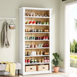 Cheap Tribesigns 8-Tier Shoe Rack, Wooden Freestanding Shoe Storage Cabinet for 32-40 Pairs