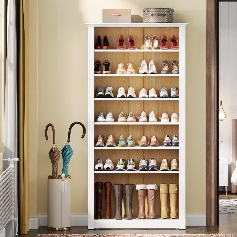 Cheap Tribesigns 8-Tier Shoe Rack, Wooden Freestanding Shoe Storage Cabinet for 32-40 Pairs