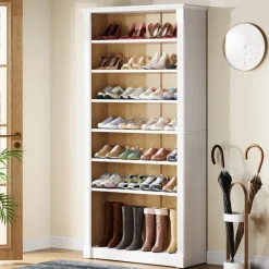 Cheap Tribesigns 8-Tier Shoe Rack, Wooden Freestanding Shoe Storage Cabinet for 32-40 Pairs