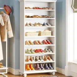 Outlet Tribesigns 9-Tier Wood Shoe Cabinet Rack with LED Lighting & Solid Wood Legs