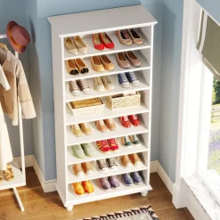 Outlet Tribesigns 9-Tier Wood Shoe Cabinet Rack with LED Lighting & Solid Wood Legs