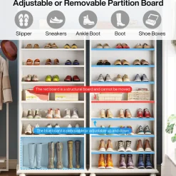 Outlet Tribesigns 9-Tier Wood Shoe Cabinet Rack with LED Lighting & Solid Wood Legs
