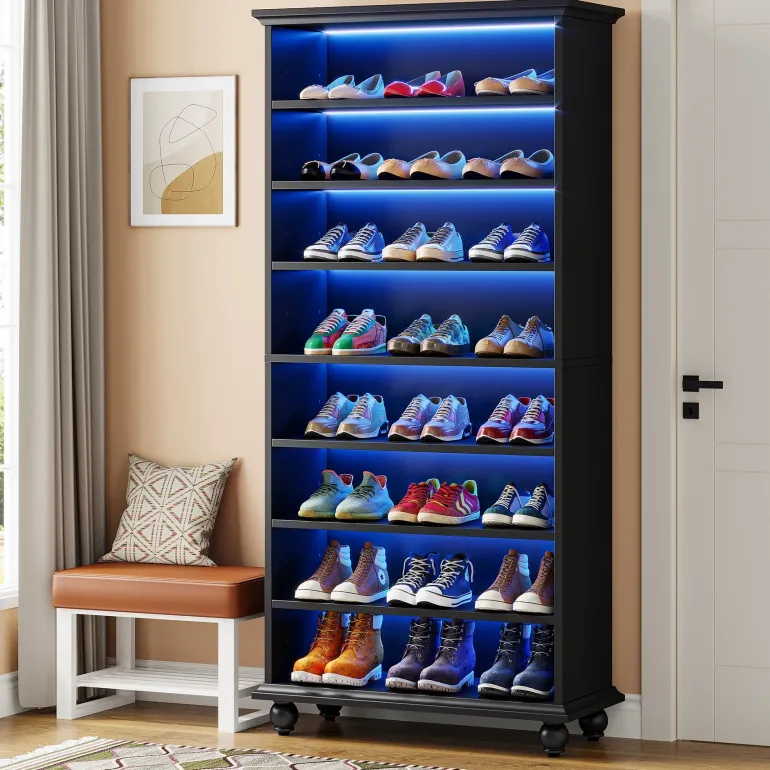 Outlet Tribesigns 9-Tier Wood Shoe Cabinet Rack with LED Lighting & Solid Wood Legs