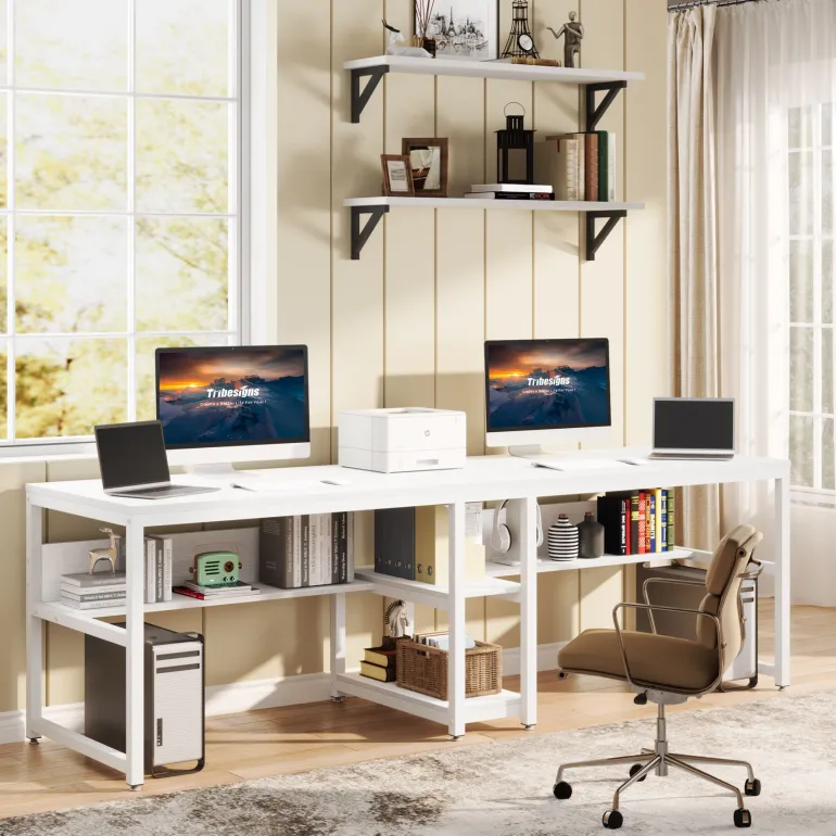 New Tribesigns Two Person Desk, 78.7" Computer Double Desk with Bookshelf