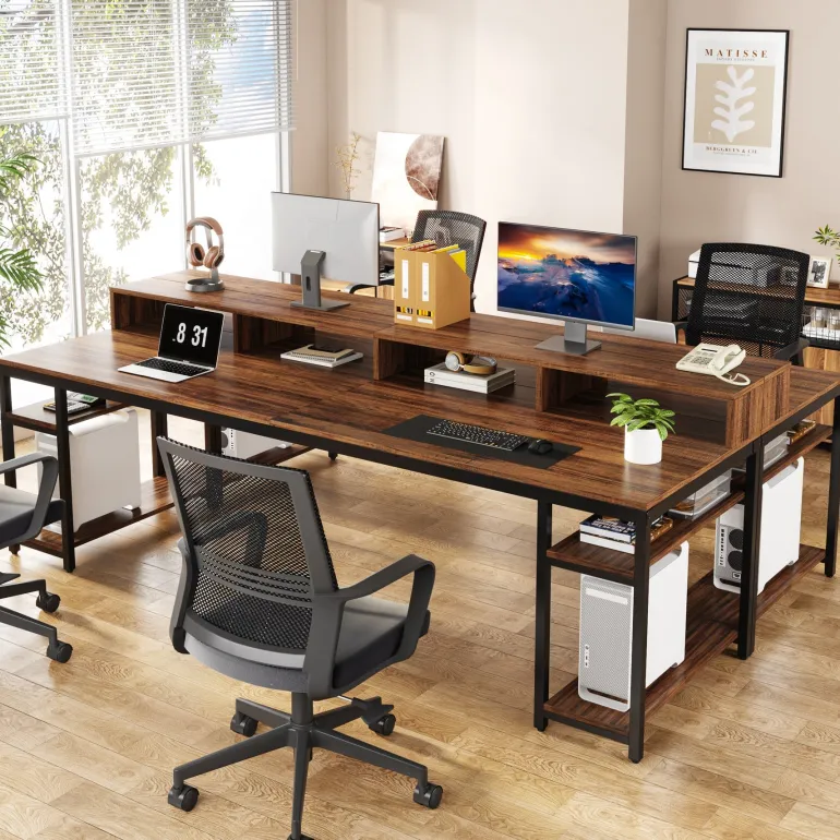 New Tribesigns Two Person Desk, 78.7" Computer Desk With Monitor Stand and 4 Open Shelf