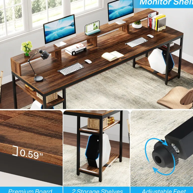 New Tribesigns Two Person Desk, 78.7" Computer Desk With Monitor Stand and 4 Open Shelf