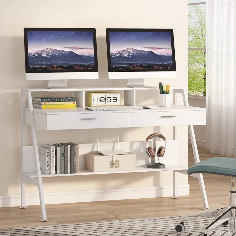 Outlet Tribesigns White Computer Desk, 47" Writing Desk with Storage Shelf & Drawers