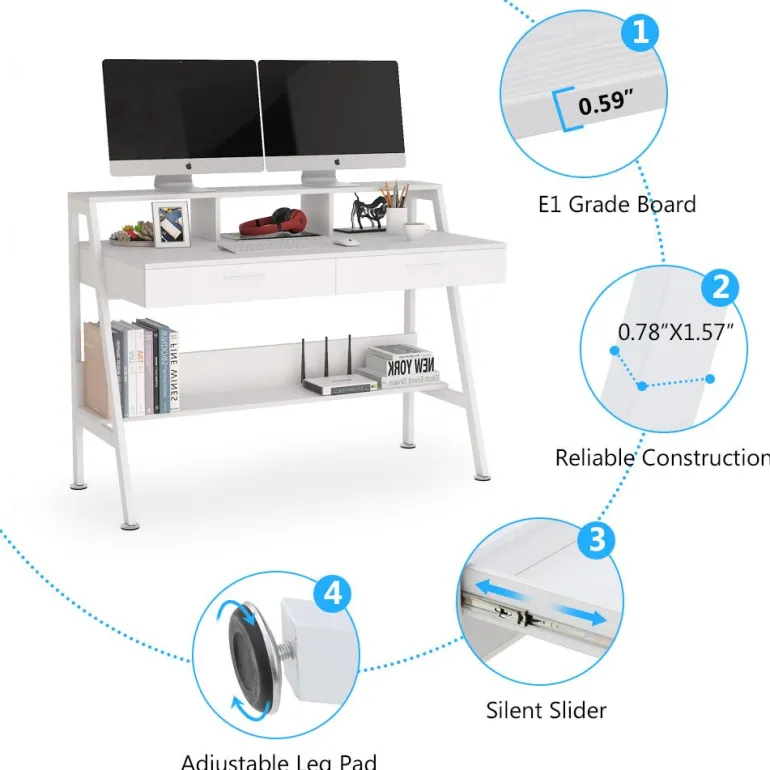 Outlet Tribesigns White Computer Desk, 47" Writing Desk with Storage Shelf & Drawers