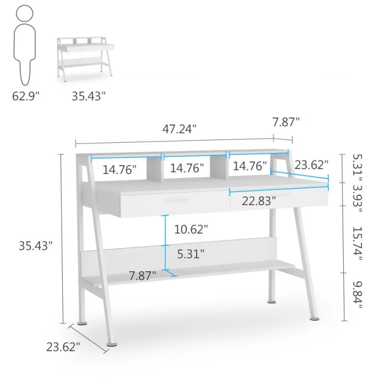 Outlet Tribesigns White Computer Desk, 47" Writing Desk with Storage Shelf & Drawers