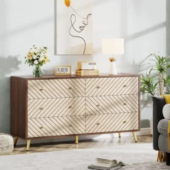 New Tribesigns Wood 6 Drawer Chest, Storage Cabinet Dresser with Metal Legs