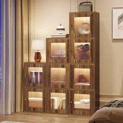 Online Tribesigns Wood Bookshelf, 63" High Bookcase Etagere 9 Cubes With LED Lights