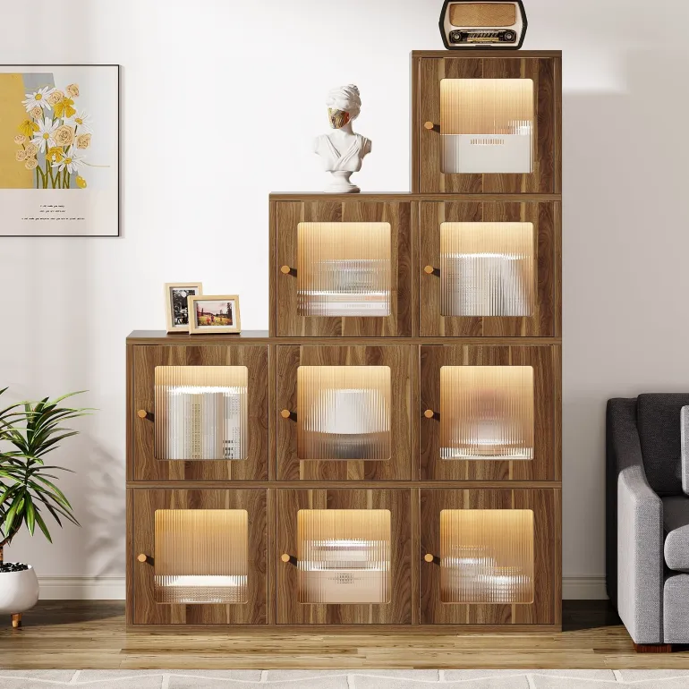 Online Tribesigns Wood Bookshelf, 63" High Bookcase Etagere 9 Cubes With LED Lights