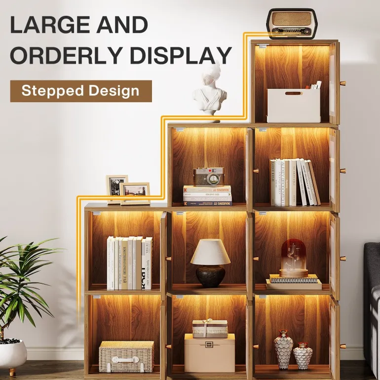 Online Tribesigns Wood Bookshelf, 63" High Bookcase Etagere 9 Cubes With LED Lights