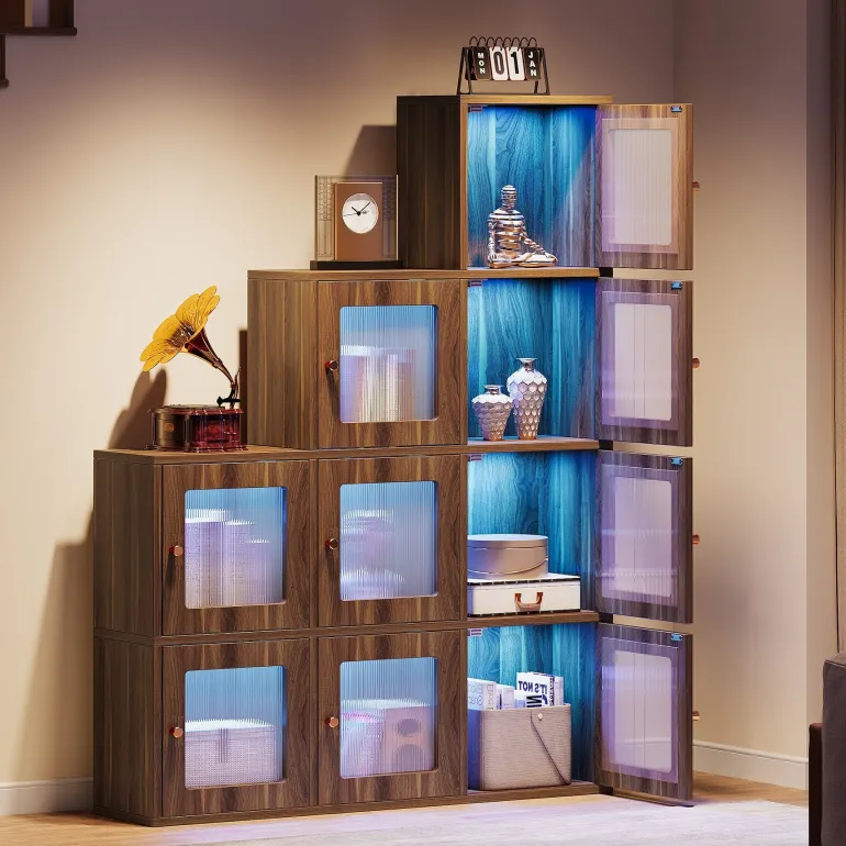Online Tribesigns Wood Bookshelf, 63" High Bookcase Etagere 9 Cubes With LED Lights