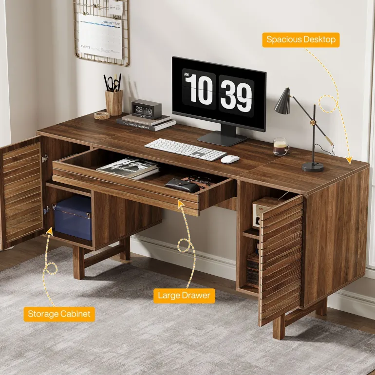Fashion Tribesigns Wood Computer Desk, 59" Home Office Desk with Drawers