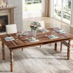 Fashion Tribesigns Wood Dining Table, 62” Large Kitchen Table with Carved Turned Legs for 4-6 People