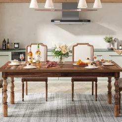 Fashion Tribesigns Wood Dining Table, 62” Large Kitchen Table with Carved Turned Legs for 4-6 People