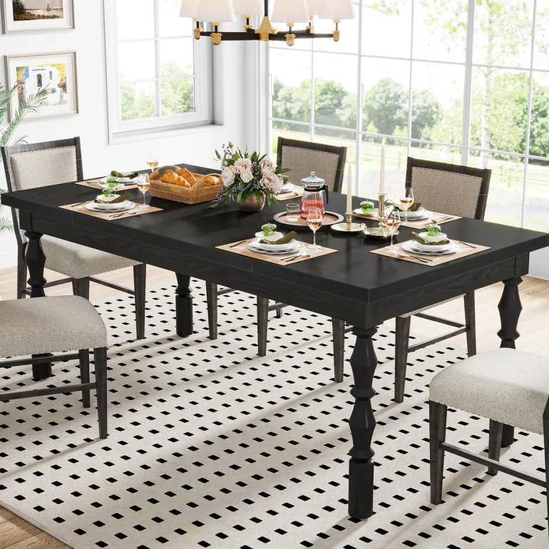 Fashion Tribesigns Wood Dining Table, 62” Large Kitchen Table with Carved Turned Legs for 4-6 People