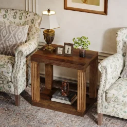Hot Tribesigns Wood End Table, 2 - Tier Farmhouse Side Table with Storage Shelf