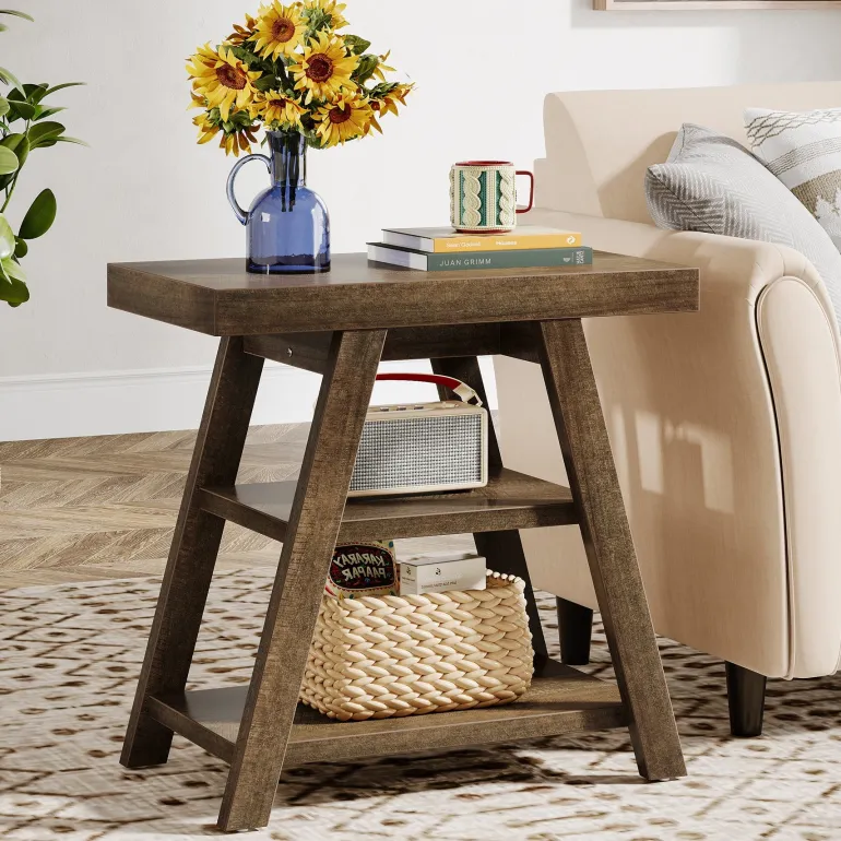 Best Tribesigns Wood End Table, 3 - Tier Sofa Side Table with Storage Shelf