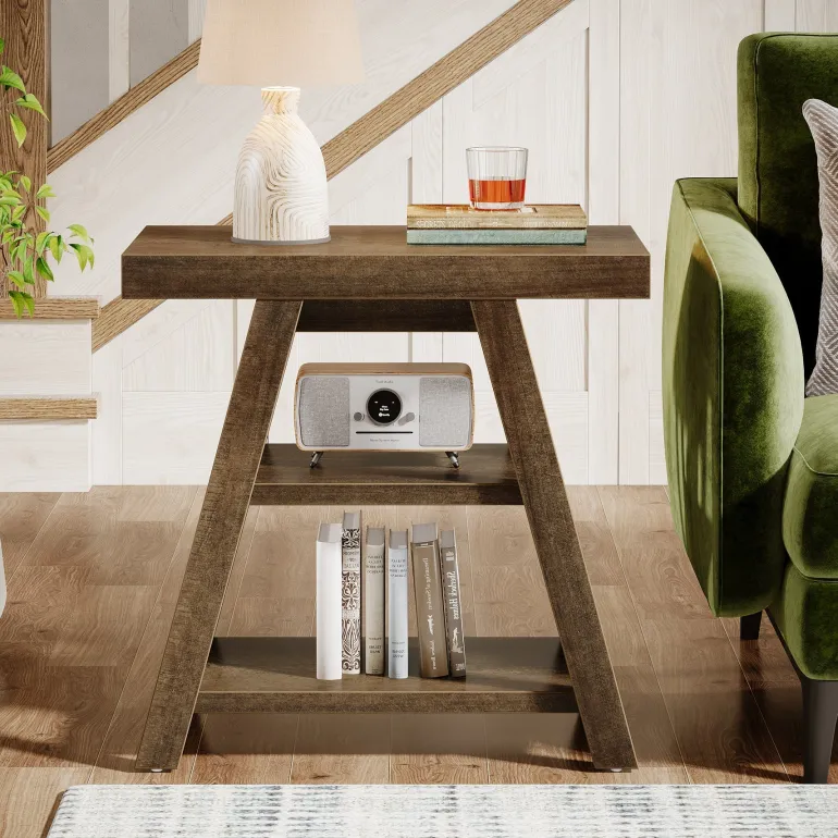 Best Tribesigns Wood End Table, 3 - Tier Sofa Side Table with Storage Shelf