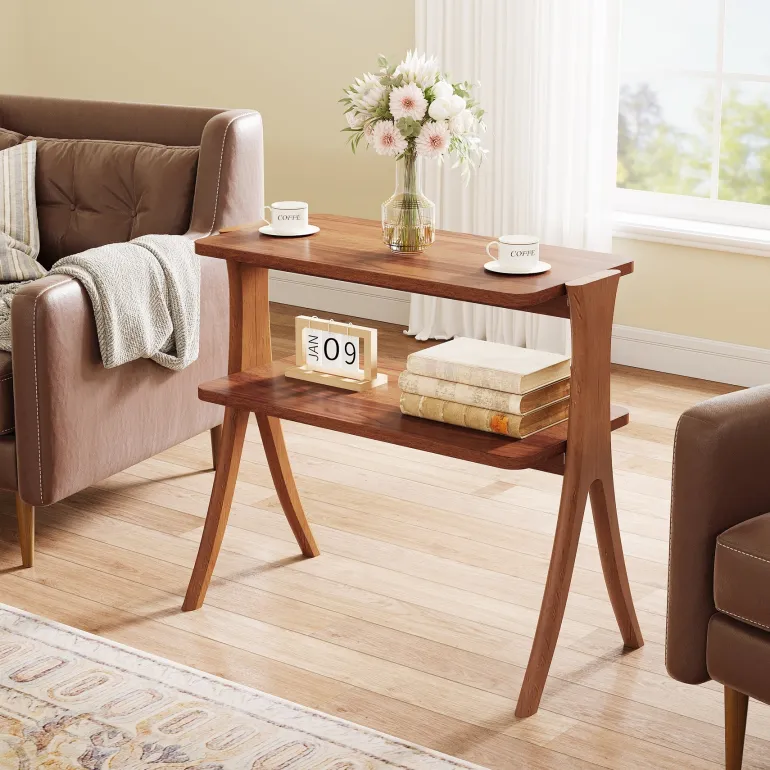Online Tribesigns Wood End Table, Farmhouse Side Table with 2 - Tier Storage Shelf