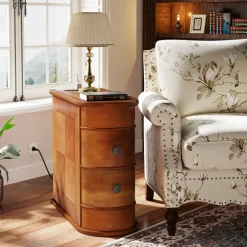 Sale Tribesigns Wood End Table, Narrow Side Table Nightstand with 2 Drawers