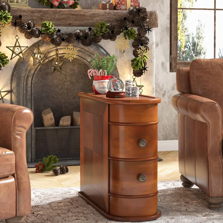 Sale Tribesigns Wood End Table, Narrow Side Table Nightstand with 2 Drawers