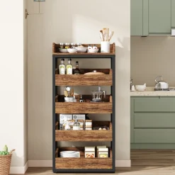 Cheap Tribesigns Wood Fruit and Vegetable Storage Rack Basket Stand with 5 Drawers