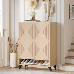 Discount Tribesigns Wood Shoe Cabinet, 6 - Tier Shoe Organizer Storage Cabinet with Adjustable Shelves