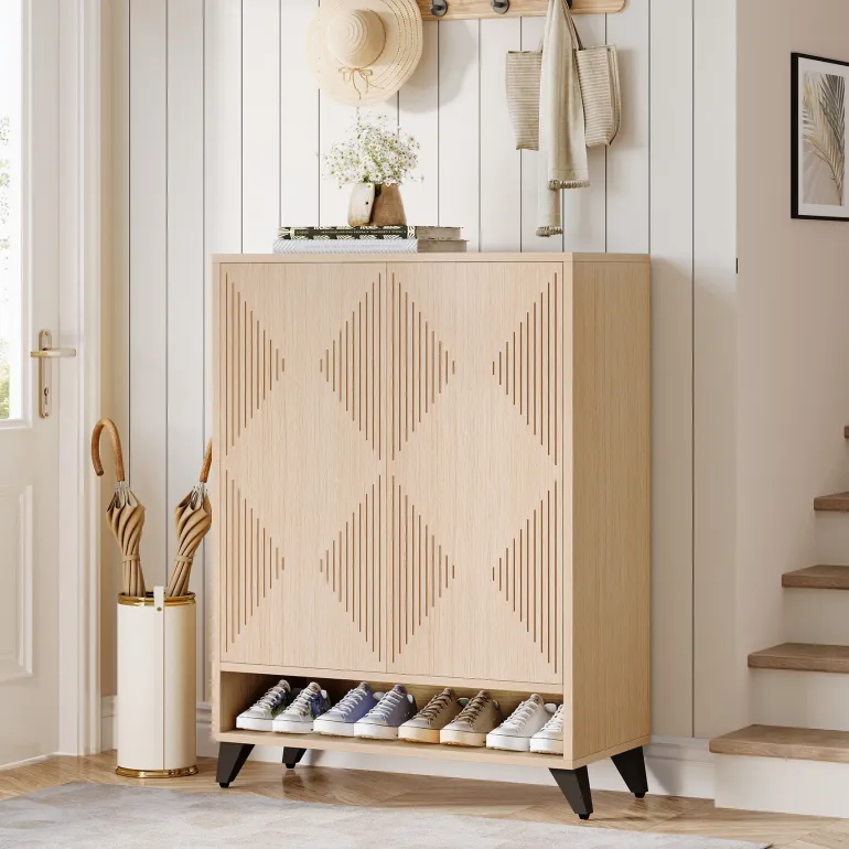Discount Tribesigns Wood Shoe Cabinet, 6 - Tier Shoe Organizer Storage Cabinet with Adjustable Shelves