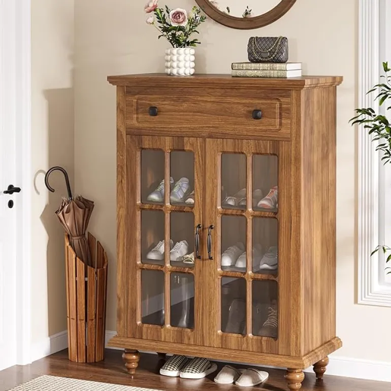 Shop Tribesigns Wood Shoe Cabinet, Shoe Organizer Storage Cabinet with Adjustable Shelves