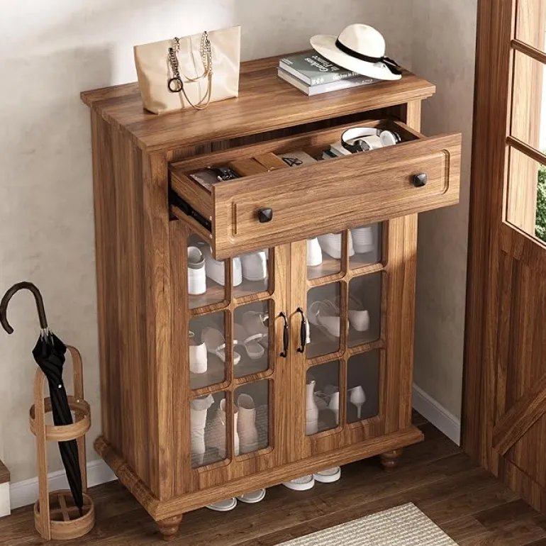 Shop Tribesigns Wood Shoe Cabinet, Shoe Organizer Storage Cabinet with Adjustable Shelves