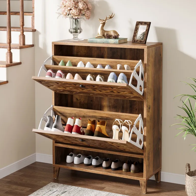 Flash Sale Tribesigns Wood Shoe Cabinet, Shoe Storage Organizer with 2 Flip Drawers