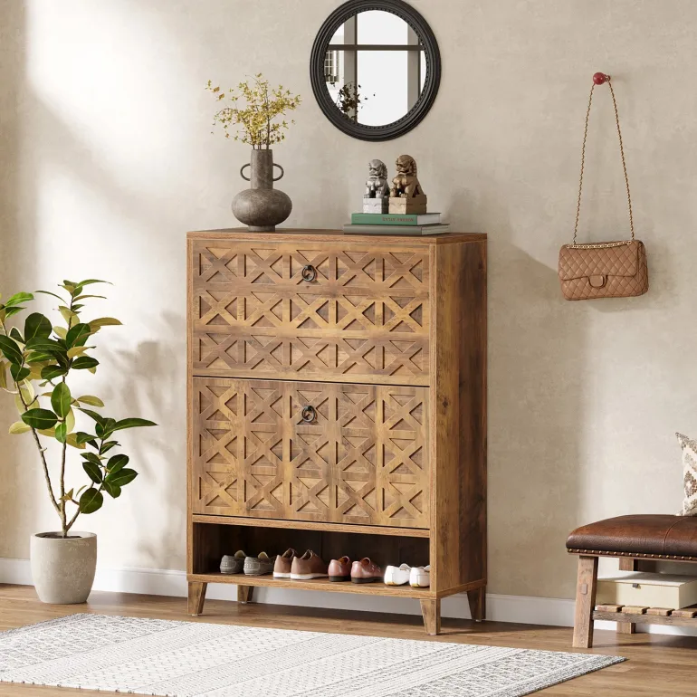 Flash Sale Tribesigns Wood Shoe Cabinet, Shoe Storage Organizer with 2 Flip Drawers