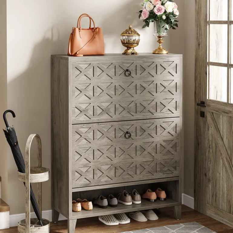 Flash Sale Tribesigns Wood Shoe Cabinet, Shoe Storage Organizer with 2 Flip Drawers