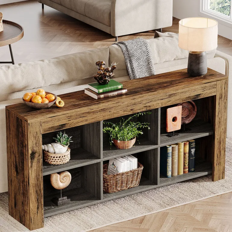 Flash Sale Tribesigns Wood Sofa Table, Rustic Console Table Entryway Table with 6 Storage Cubes