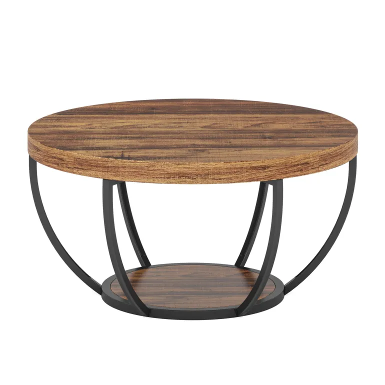 Online Tribesigns Wooden Coffee Table, 2-Tier Round Central Cocktail Table with Shelves